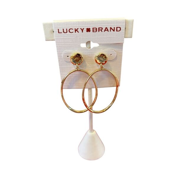 Front Facing Elongated Hoop Earrings in Bright Goldtone. - Picture 1 of 6